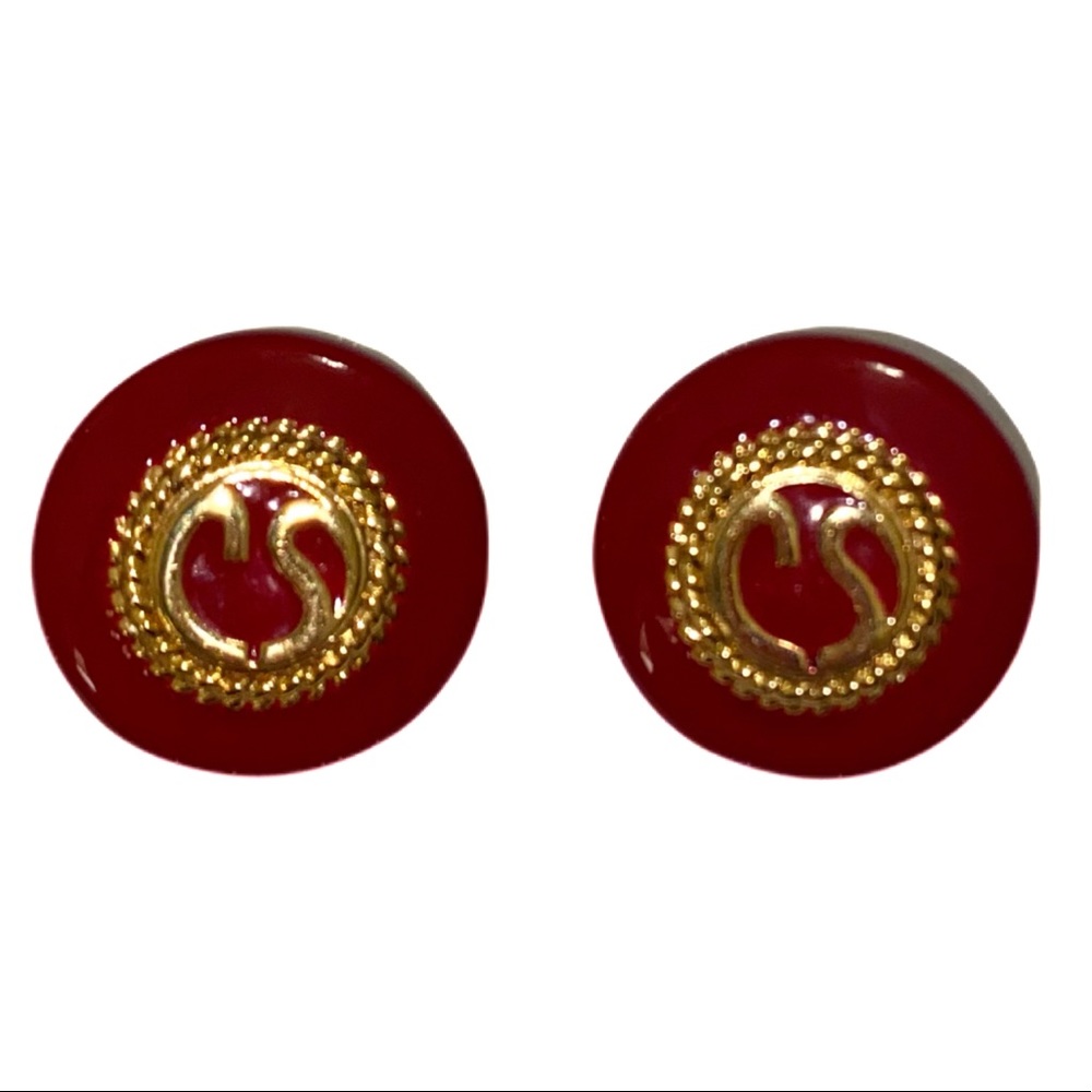 St. John Red and Gold Round Clip Earrings
